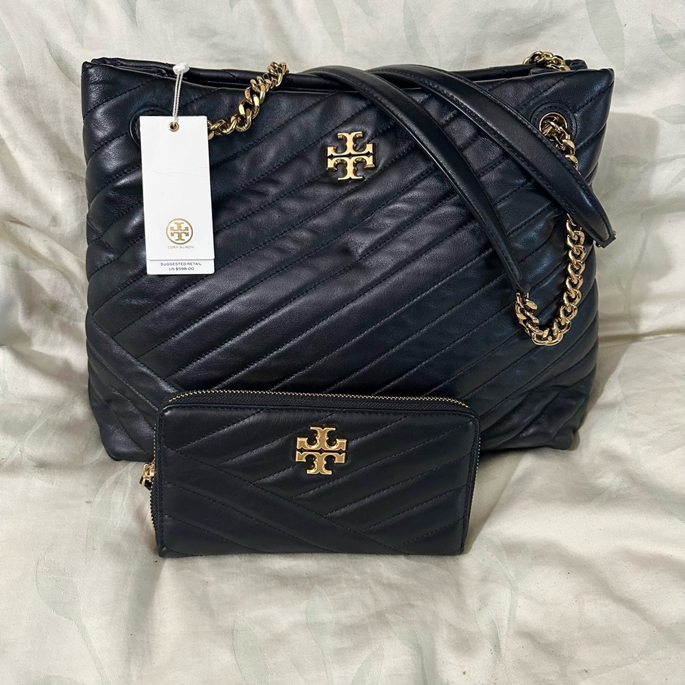 Tory Burch Kira Black Quilted Shoulder Bag with Gold Chain
